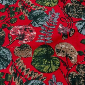100% Patterned Dress Cottons - CT1 - Colourful Leaves on a Rich Maroon Red Background - 100% Cotton - 150cm wide - $21.00 per mtr