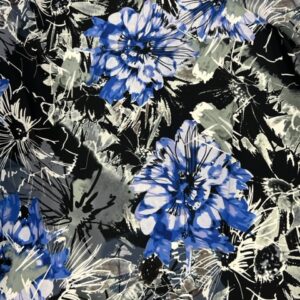 IX Blue - A Lovely Georgette of Large Blue Flowers with Grey, White outlined Flowers on a Black Background - 100% Polyester - 150cm wide - $21.00 per mtr