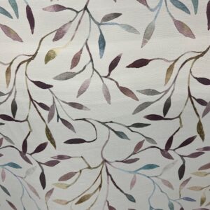 C395 - Curtaining - Foliage Lila - Very Light Grey / White background with multi coloured leaves - 100% Nylon - $15.00 per mtr