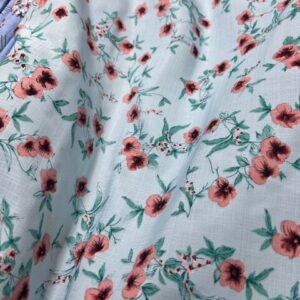 Polyester / Cotton - Pale Blue with apricot flower - 65% Polyester - 35% Cotton - 145cm wide - $12.00 per mtr