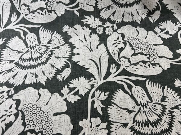 C255 - Curtaining - Designer Range - Chelsea Coal - Large Off White Flowers on Charcoal - 90% Cotton - 10% Linen - 148cm wide - $26.00 per mtr