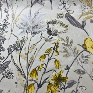 C260 - Designer Range Curtaining - Meadow Flowers Lemon - Large Flowers in Lemon and Grey - 148cm wide - 100% Cotton - $28.00 per mtr