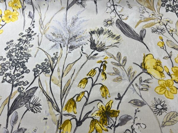 C260 - Designer Range Curtaining - Meadow Flowers Lemon - Large Flowers in Lemon and Grey - 148cm wide - 100% Cotton - $28.00 per mtr