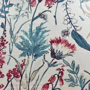 C261 - Designer Range Curtaining - Meadow Flowers Melba - 100% Cotton - Pinks / Aqua Flowers - 148cm wide - $28.00 per mtr