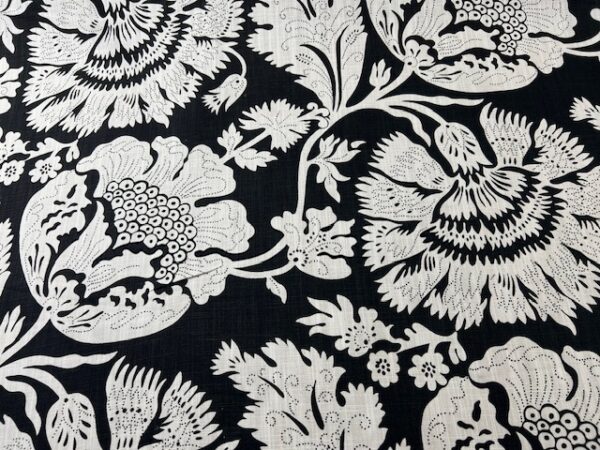 C265 - Curtaining - Chelsea Formal - Designer Range - Large White Flowers on Black - 90% Cotton - 10% Linen - 143cm wide - $26.00 per mtr
