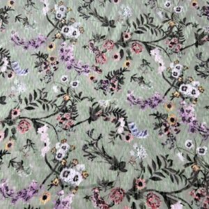 P113 - Green Crinkled  -100% Polyester with a beautiful array of flowers - 150cm wide - $21.00 per mtr