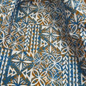 IP19 - Island Prints - Mustard, Denim Blue with White Trible Designs - 1.15cm wide - 65% Polyester / 35% Cotton - $8.00pm - Special $5.00 per mtr