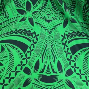 IP23 - Island Prints - Emerald Green with Black overlay design / Flowers - 1.15cm wide - 65% Polyester / 35% Cotton - $8.00 pm - Special $5.00 per mtr
