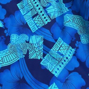 IP35 - Island Prints - Large Blue Hibiscus Flowers on Navy with Turquoise Turtles - 1.15cm wide - 65% Polyester / 35% Cotton - $8.00 pm - Special $5.00 per mtr