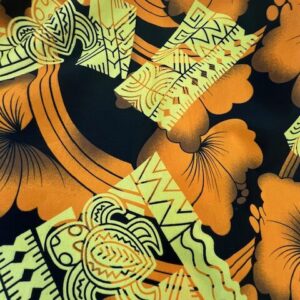 IP39 - Island Print - Orange Hibiscus Flowers with Lemon Turtles on Black - 1.15cm wide - 65% Polyester / 35% Cotton - $8.00pm - Special $5.00 per mtr