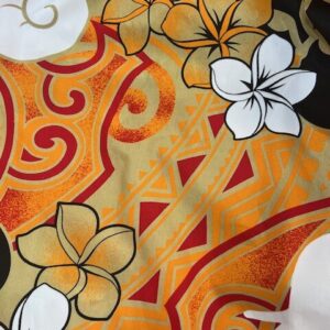 IP44 - Island Prints - Vibrant Orange, Red, Tan with White Flowers and Sea Shells - 1.15cm wide - 65% Polyester / 35% Cotton - $8.00 pm - Special $5.00 per mtr