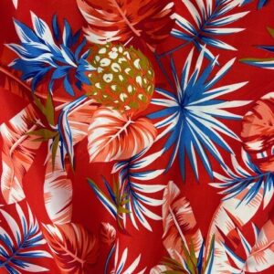 IP46 - Island Prints - Pineapples with Blue, Apricot on Red - Very Striking !! - 1.15cm wide - 65% Polyester / 35% Cotton - $8.00pm - Special $5.00 per mtr