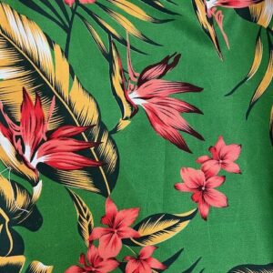 IP47 - Island Prints - Bird of Paradise - Ruby Red with Yellow Leaves on Emerald - 1.15cm wide - 65% Polyester / 35% Cotton - $8.00pm - Special $5.00 per mtr