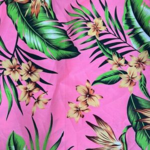 IP50 - Island Prints - Bird Of Paradise of Apricot on Lollypink - 1.15cm wide - 65% Polyester / 35% Cotton - $8.00 pm - Special $5.00 per mtr