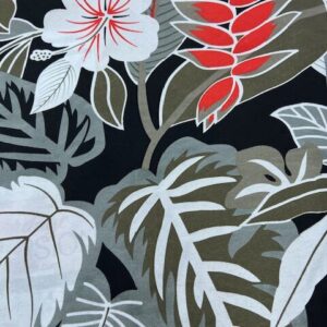 IP66 - Island Prints - Large Leaves of Grey, Brown, White, Red on Black - 1.15cm wide - 65% Polyester / 35% Cotton - $8.00pm - Special $5.00 per mtr