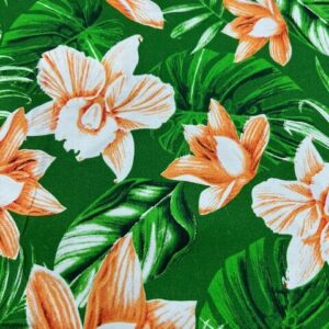 IP73 - Island Prints - Deep Peach Orchid Flowers on Green - 1.15cm wide - 65% Polyester / 35% Cotton - $8.00 pm - Special $5.00 per mtr