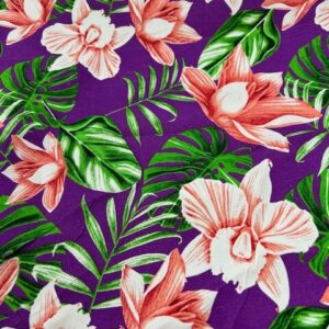 IP74 - Island Prints - Rich Plum Orchid Flowers on Purple - 1.15cm wide - 65% Polyester / 35% Cotton - $8.00 pm - Special $5.00 per mtr