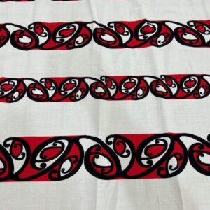 MP-S1B - White with Black and Red Maori Design 1 - 100% Rayon - 1.15cm wide - $15.00 per mtr