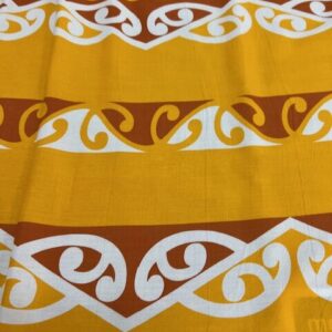 MP-S2E - Mustard Yellow / white and Tan Design - Maori Print - 100% Rayon - 1.15cm wide - $15.00 per mtr