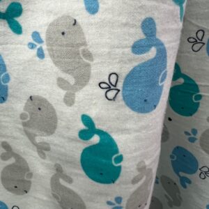 Wincyette - #7 - 100% Brushed Cotton - Turquoise / Blue / Grey Baby Whales on White - 150cm wide - $14.00 per mtr