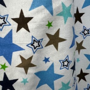Wincyette - #17 - 100% Brushed Cotton - Multiple Sized Stars on White of Blue, Brown, Turquoise and Greens - 150cm wide - $14.00 per mtr