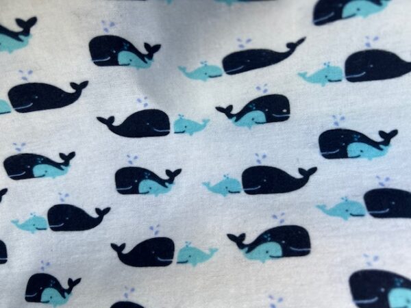 Wincyette - #20 - 100% Brushed Cotton - Blue / Turquoise Whale and Calf on White - 150cm wide - $14.00 per mtr