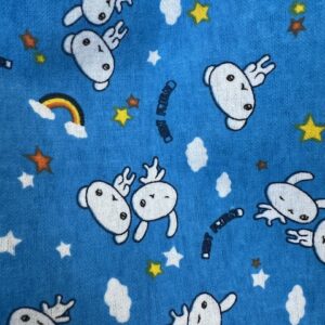 Wincyette - #15 - 100% Brushed Cotton - White Bunny Creatures on Mid Blue with Clouds and Rainbows - 150cm wide - $14.00 per mtr