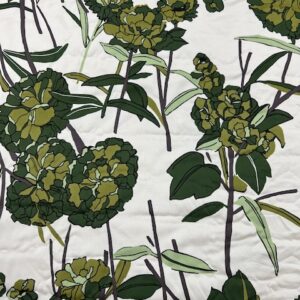 P207 - Large Olive / Green Flowers on Crisp White - STUNNING !! - 100% Polyester Sateen- 148cm wide - $28.00 per mtr