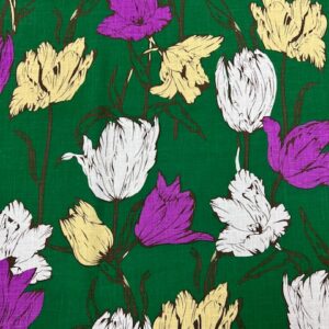 LC99 - Linen Cotton -  Large Tulip Flowers of Crimson, Lemon, and White on Emerald Green - 50% Linen / 50% Cotton - 145cm wide - $26.00 per mtr