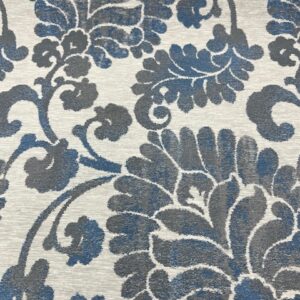 C453 -"NEW"- Curtaining - Designer Range - Latvia Royal - Large Rosette Flowers - Blues with Greys on a Dark Cream / Tan Background with  - 90% Polyester - 10% Cotton - 148cm wide - $20.00 per mtr