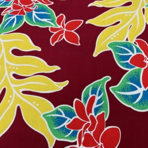 IP70 - Island Print - Large Leaves Yellows, Reds, Blues on a rich Maroon Background - 1.15cm wide - 65% Polyester / 35% Cotton - $8.00pm - Special $5.00 per mtr