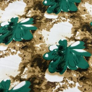 PS25 - Poly / Spandex - Stunning !! -Large Emerald Flowers with a Tan and Creamy White Background - 90% Polyester / 10% Spandex - 155cm wide - $22.00 per mtr