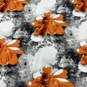 PS26 - Poly / Spandex - Stunning !! -Large Vibrant Orange Flowers with a Grey and White Background - 90% Polyester / 10% Spandex - 155cm wide - $22.00 per mtr
