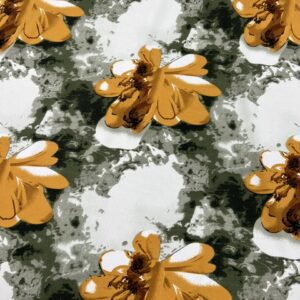 PS27 - Poly / Spandex - Stunning !! -Large Mustard Yellow Flowers with a Moss Green and Cream  Background - 90% Polyester / 10% Spandex - 155cm wide - $22.00 per mtr