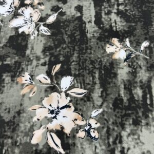 PS34 - Poly / Spandex - Moss Green and Black with Large Flowers Clusters in Cream - 90% Polyester / 10% Spandex - 155cm wide - $16.00 pm