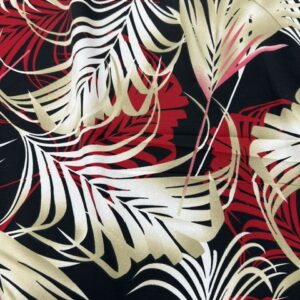 PS36 - Poly / Spandex - Background in Black with Large Fern Leaves in Tan and Rich Red with a hint of Pink - 90% Polyester / 10% Spandex - 155cm wide - $16.00 pm