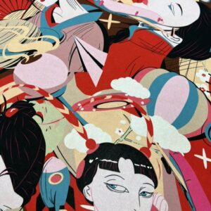 P1125 - 100% Polyester - Chiffon in Pink with Japanese Faces - 150cm wide - $22.00 per mtr