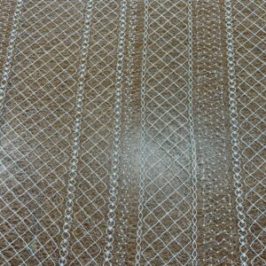 OW542 - Bridal / Evening Lace - Stavea Beaded Lace - 50% Cotton, 30% Glass Beads, 10% Polyester, 10% Nylon - Rows and Kris Cross Glass Beads on White Tulle- $39.00 per mtr