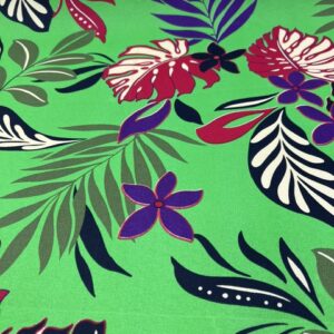 IP29 - Island Print - 65% Polyester - 35% Cotton - Green with Purple / Red Leaves - 1.15cm wide - Was $8.00 - now $2.50 pm special