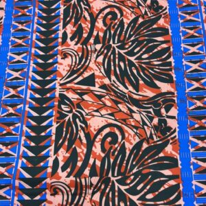 IP30 - Island Print - 65% Polyester - 35% Cotton - Red with Black Large leaves - border print in Royal blue - 1.15cm wide - Was $8.00 - now $2.50 pm special