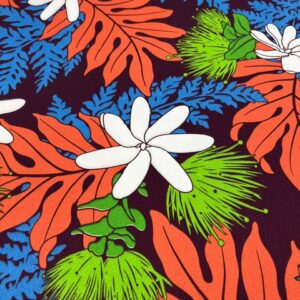 IP31 - Island Print - 65% Polyester - 35% Cotton - Orange, white, teal flowers on deep Maroon - 1.15cm wide - Was $8.00 - now $2.50 pm special