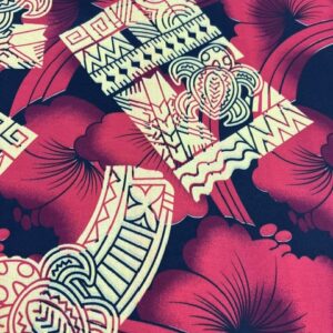 IP37- Island Print - 65% Polyester - 35% Cotton -Red large Hibiscus flowers with turtles in Yellow- 1.15cm wide - Was $8.00 - now $2.50 pm special