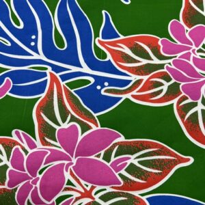 IP69 - Island Print - 65% Polyester - 35% Cotton - Green with large leaves in pink and blue - 1.15cm wide - Was $8.00 - now $2.50 pm special
