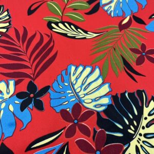 IP80 - Island Print - 65% Polyester - 35% Cotton - Red with muti coloured leaves - 1.15cm wide - Was $8.00 - now $2.50 pm special