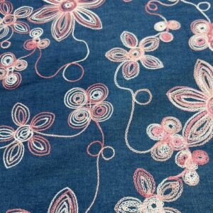 DC19 - Chambray - Pink Toned Embroidered Flowers - 100% Cotton - 151cm wide - $24.00 per mtr