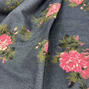 DC24 -  Denim - Patterned Pink Roses on Dark Blue Denim - 100% Cotton - 176cm wide - $24.00 per mtr
