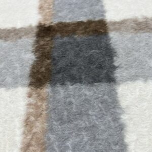 W63 - Jacketing - Cow Hyde Fur Texture - Three tones of Grey, Off White and Tan outer Squares - 8cm Squares - 90% Polyester / 10% Wool -147cm wide - $39.00 per mtr