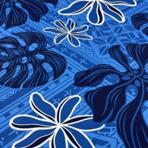 IP53 - Poly / Cotton Islabd Print - 65% Polyester / 35% Cotton - Two Toned Navy with large White Hibiscus Flowers - 1.15cm wide - $8.00 per mtr - NOW SPECIAL $2.50pm
