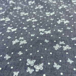 DC41 - Chambray - Navy with sweet Clustered of three Butterflies - 100% Cotton - 150cm wide - $18.00