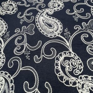 DC36 - Denim - Very Heavy Weight - 100% Cotton Thick Cream Corded Embroidery - Dark Navy Background - 100% Cotton  - 174cm wide - $28.00 per mtr